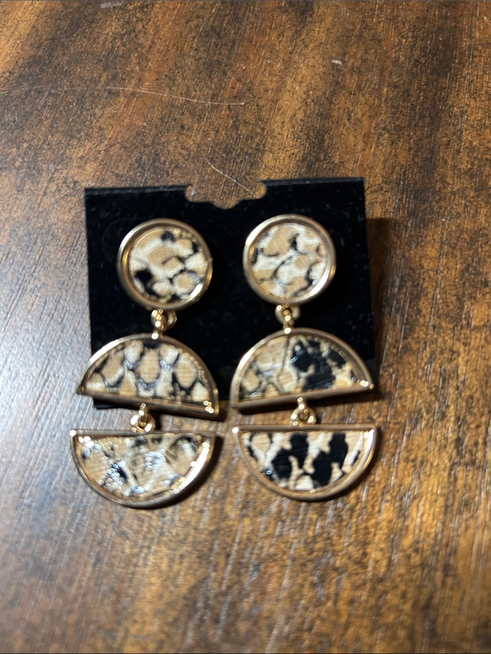 Gold-Tone Animal Print Drop Earrings in Beige and Black